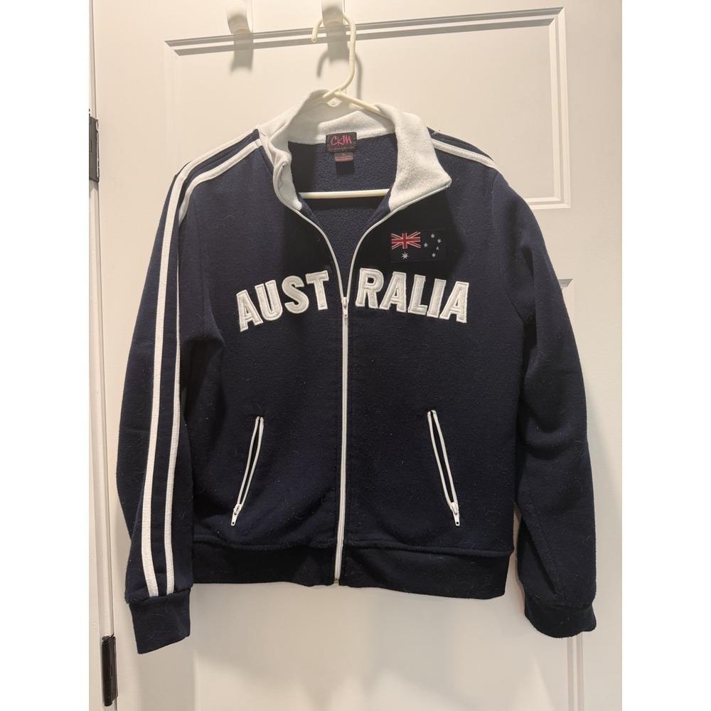 Vintage Y2K CKM Australia Track Jacket XL Navy Fleece Flag‎ Patch White Stripe